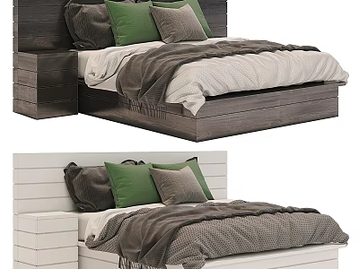 Double Bed With Dark And White Wooden Frame Headboard Green Gray Pillows And Gray Blanket 3d model