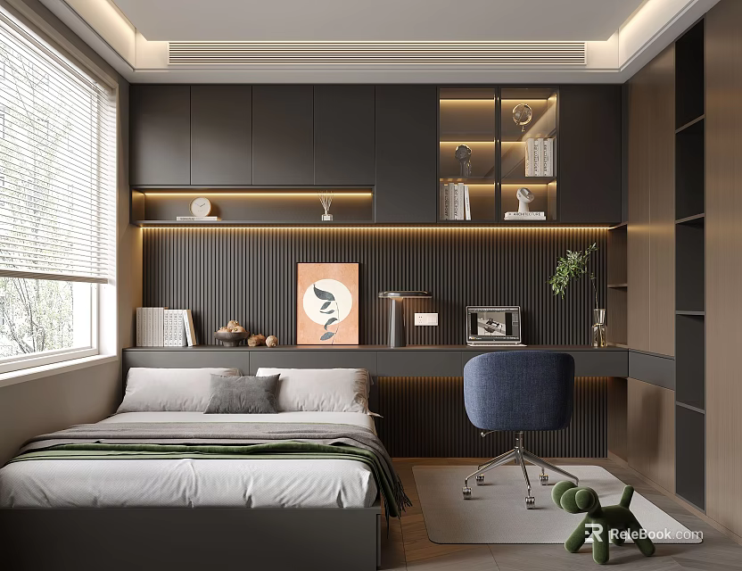 Tatami Bedroom Interior With Gray Walls Wooden Bookshelves Desk Chair Window And Decorative Painting 3d model 