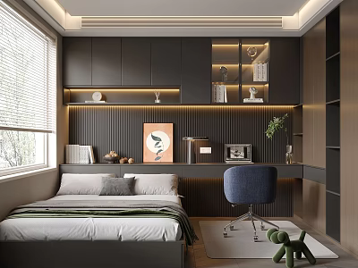 Tatami Bedroom Interior With Gray Walls Wooden Bookshelves Desk Chair Window And Decorative Painting 3d model