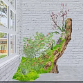 Indoor Landscape Featuring Lush Green Plants Colorful Flowers and Tree Trunk Against White Brick Wall