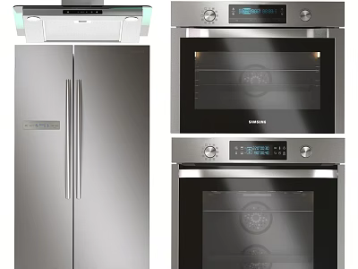 Stainless Steel Kitchen Appliances Including Refrigerator And Double Ovens 3d model