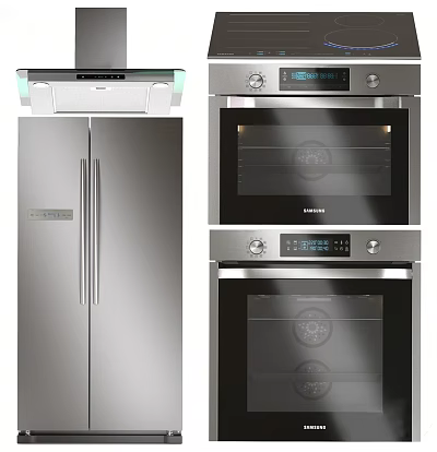 Stainless Steel Kitchen Appliances Including Refrigerator And Double Ovens 3d model
