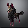 Mythical Red Horned Wolf Creature With Fluffy Black Fur And Golden Details