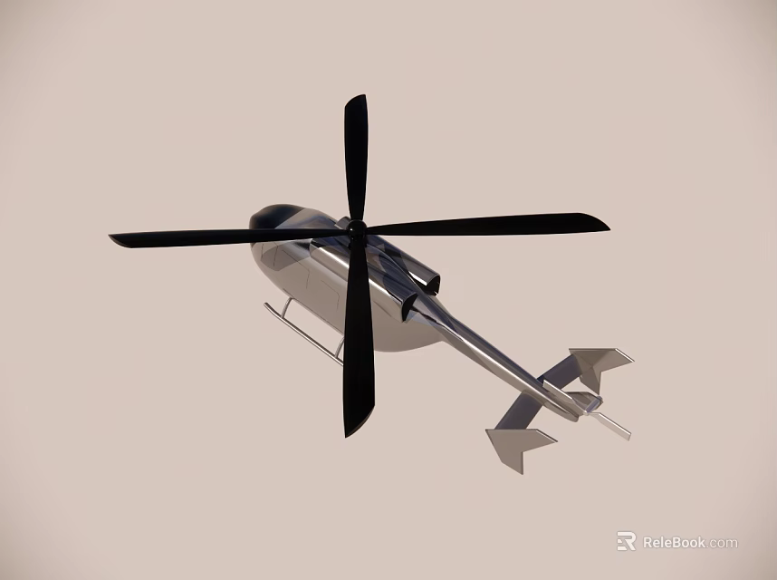 Modern Helicopter With Black Rotors And Silver Body Flying In Clear Sky 3d model 