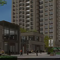 Modern Commercial Street with Tall Buildings Modern Architecture Pedestrians and Greenery