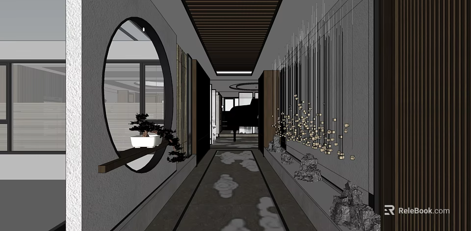 Elegant Elevator Hallway With Circular Window Wooden Ceiling Decorative Vertical Lines And Cloud Patterned Floor 3d model