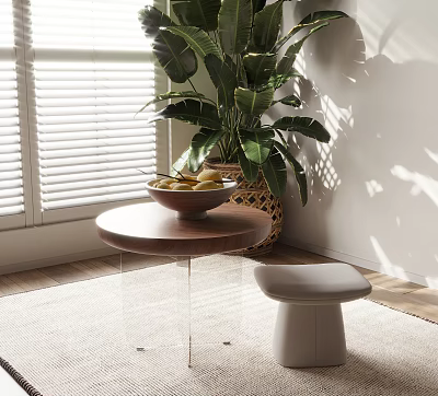 Round Wooden Side Table With Transparent Legs White Stool Green Plant And Sunlight Through Blinds 3d model
