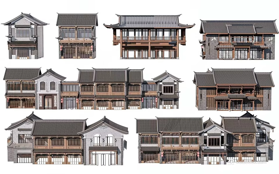 Traditional Chinese Commercial Street With Ancient Architecture Wooden Shops And Tile Roofs 3d model 