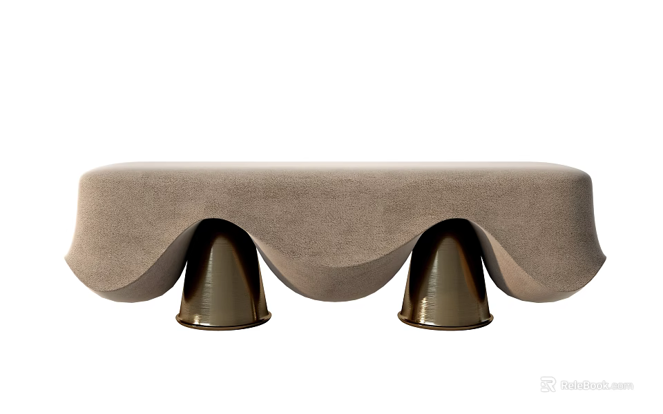 Elegant Beige Upholstered Sofa Bench With Stylish Brass Conical Legs Design 3d model 