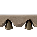 Elegant Beige Upholstered Sofa Bench With Stylish Brass Conical Legs Design