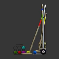 Colorful Croquet Equipment Set With Wooden Mallets Balls Metal Rack And Wheeled Cart