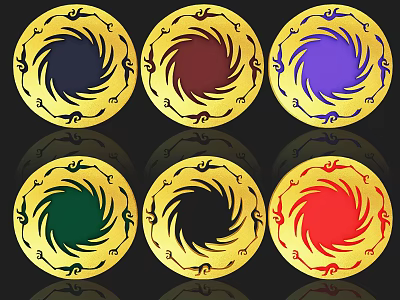 Intricate Circular Carved Designs With Colorful Spiral Centers And Golden Edges 3d model