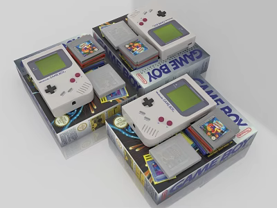 Vintage Game Boy Digital Gaming Consoles With Original Packaging And Cartridges 3d model