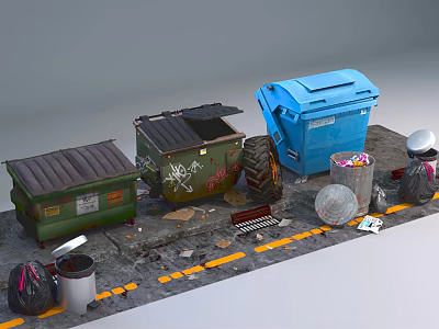 Public Waste Disposal Facility Featuring Green Blue Dumpsters Graffiti And Scattered Trash 3d model