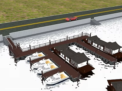 Waterfront Garden Landscape With Wooden Dock Traditional Pavilions And Moored Boats 3d model