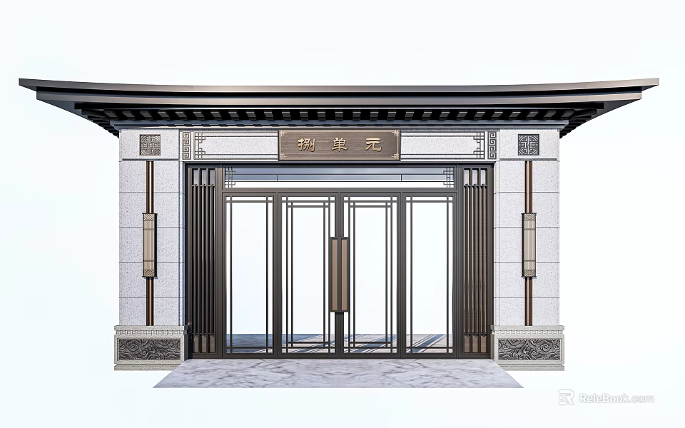 Traditional Chinese Entrance Gate With Stone Metal Frame And Elegant Curved Roof Design 3d model 