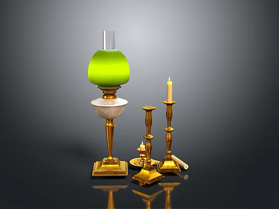 Green Lampshade Table Lamp With Golden Candlesticks Candles And Shiny Decorative Ornaments On Black Background 3d model