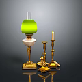 Green Lampshade Table Lamp With Golden Candlesticks Candles And Shiny Decorative Ornaments On Black Background