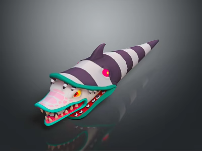Purple And White Striped Creature Head With Pointed Ears Red Yellow Eyes And Sharp Teeth 3d model