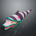 Purple And White Striped Creature Head With Pointed Ears Red Yellow Eyes And Sharp Teeth