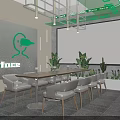 Modern Bar Interior with Green Neon Lights Cacti and Tables Chairs