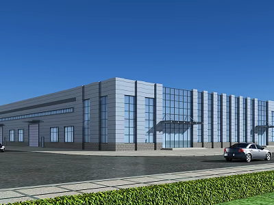 Modern Industrial Factory Building Exterior With Large Glass Windows And Parking Area 3d model