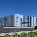 Modern Industrial Factory Building Exterior With Large Glass Windows And Parking Area