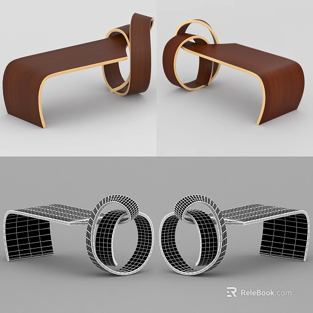 Modern Public Chair Design With Wooden Curved Structure And Circular Frame 3d model 