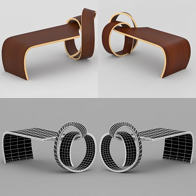 Modern Public Chair Design With Wooden Curved Structure And Circular Frame 3d model