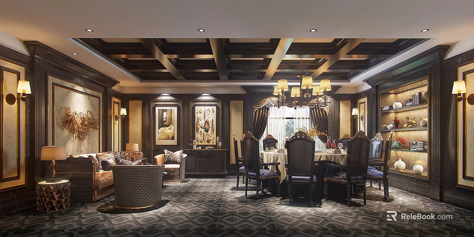 Luxurious Private Room Interior With Dark Wooden Ceiling Chandelier Sofa Dining Table And Elegant Decor 3d model 