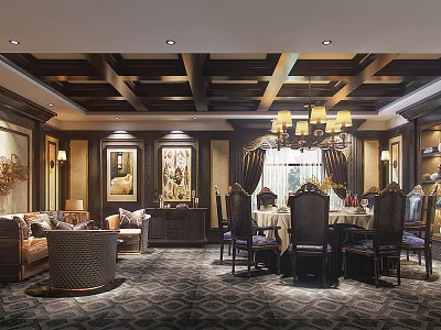 Luxurious Private Room Interior With Dark Wooden Ceiling Chandelier Sofa Dining Table And Elegant Decor 3d model