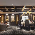 Luxurious Private Room Interior With Dark Wooden Ceiling Chandelier Sofa Dining Table And Elegant Decor