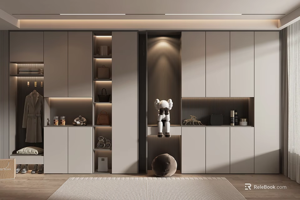 Modern Shoe Cabinet With Storage Cabinets Coat Hanging Area And Decorative Items 3d model 