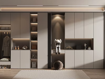 Modern Shoe Cabinet With Storage Cabinets Coat Hanging Area And Decorative Items 3d model