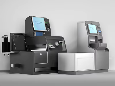 Modern Commercial Equipment With Cashier Terminal And Self Service Kiosk Touchscreen Display Features 3d model