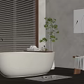 Modern Bathroom Interior With White Bathtub Window Blinds Green Plant And Wall Art