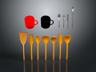 Essential Kitchen Utensils Set With Red Black Mugs Silver Cutlery And Wooden Tools 3d model