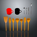 Essential Kitchen Utensils Set With Red Black Mugs Silver Cutlery And Wooden Tools