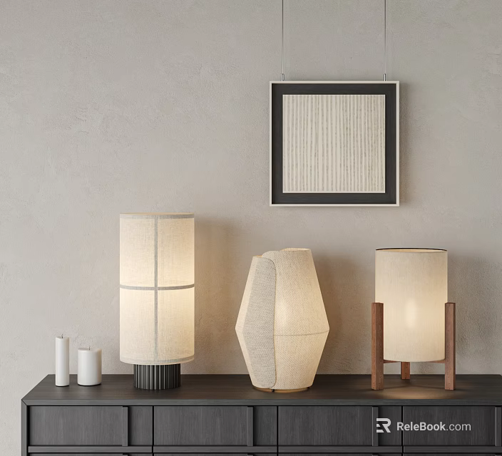Elegant Table Lamps With Fabric Shades Wooden Bases On Dark Cabinet Against Grey Wall 3d model 