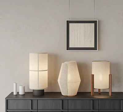 Elegant Table Lamps With Fabric Shades Wooden Bases On Dark Cabinet Against Grey Wall 3d model