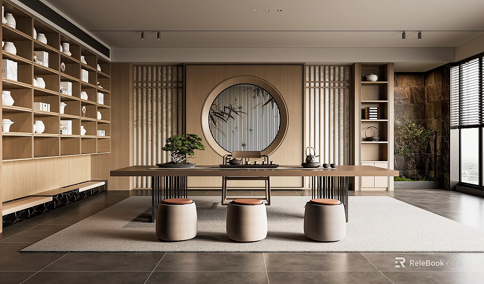 Traditional Tea Room Interior With Wooden Table Stools Round Mirror And Tea Sets 3d model 