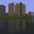 Waterfront Residential High Rise Buildings With Yellow Exterior Glass Windows Trees And Other Buildings