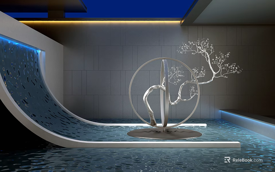 Modern Garden Ornament Featuring Curved Water Flow And Metal Sculpture With Lighting 3d model 