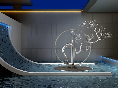 Modern Garden Ornament Featuring Curved Water Flow And Metal Sculpture With Lighting 3d model