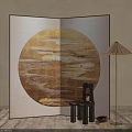 Decorative Interior Screen With Circular Golden Wave Pattern And Chair Floor Lamp 3d model