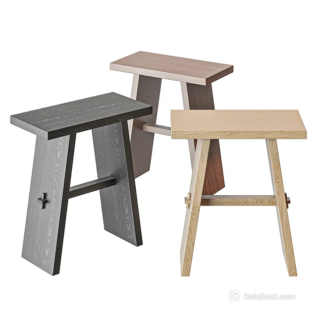 Set of Three Modern Wooden Stools with Sleek Minimalist Design and Various Color Finishes 3d model 