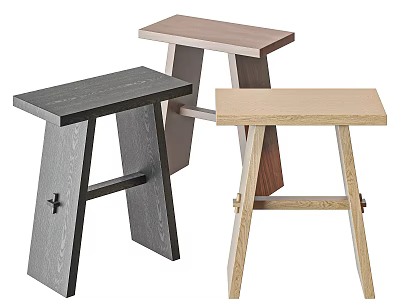 Set of Three Modern Wooden Stools with Sleek Minimalist Design and Various Color Finishes 3d model