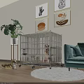 Sturdy Metal Pet Cage With Wheels Housing Dog In Cozy Living Room