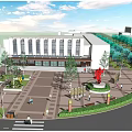 Urban Garden Landscape Design With Roundabout Buildings Green Plants And Pedestrian Areas