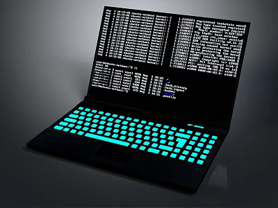 Black Laptop Displaying Code With Blue Backlit Keyboard And Screen 3d model